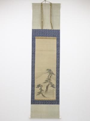 江戸中期　高嵩谷筆　並木二富士図　肉筆絹本掛軸（箱付）